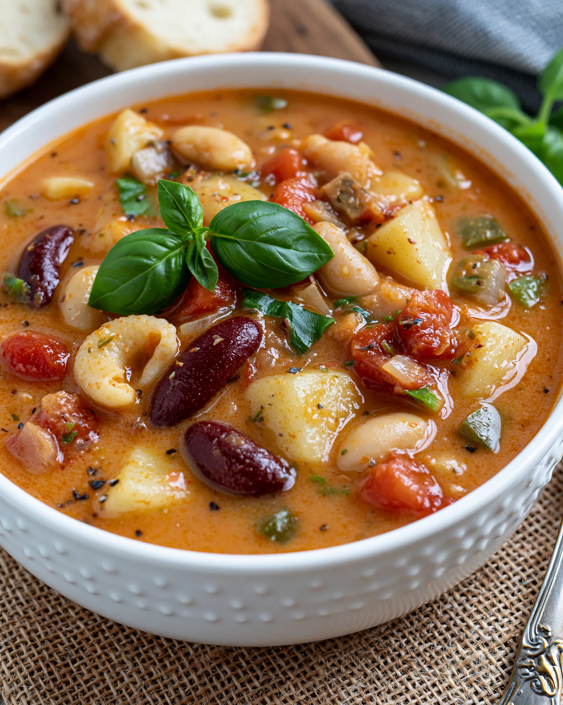 Easy minestrone soup recipe with red kidney beans, cannellini beans, potatoes, zucchini and pasta in a rich tomato broth, topped with fresh basil leaves