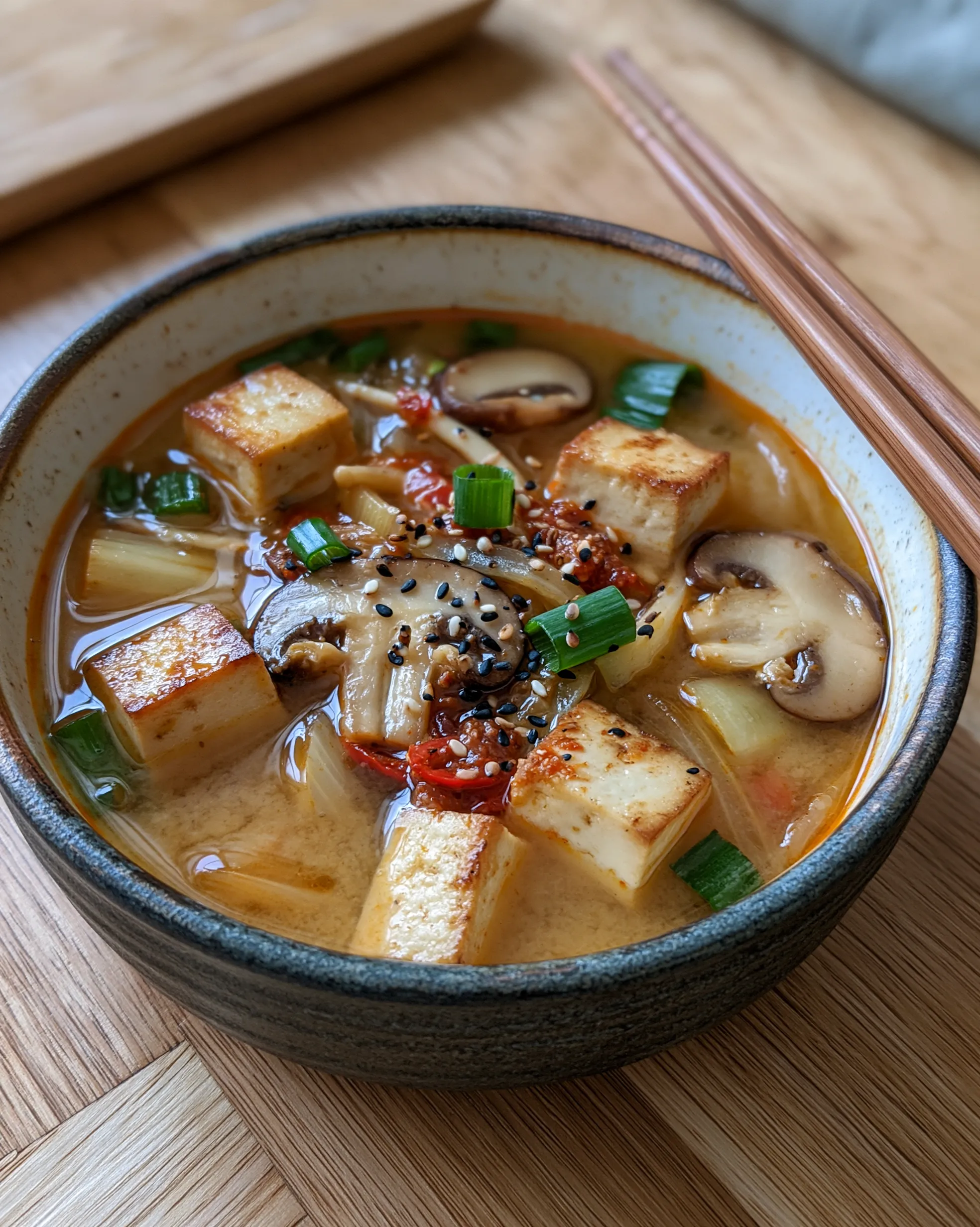 Easy miso soup recipe with golden seared tofu cubes, sliced mushrooms, green onions and sesame seeds in a warm savory broth, served with chopsticks