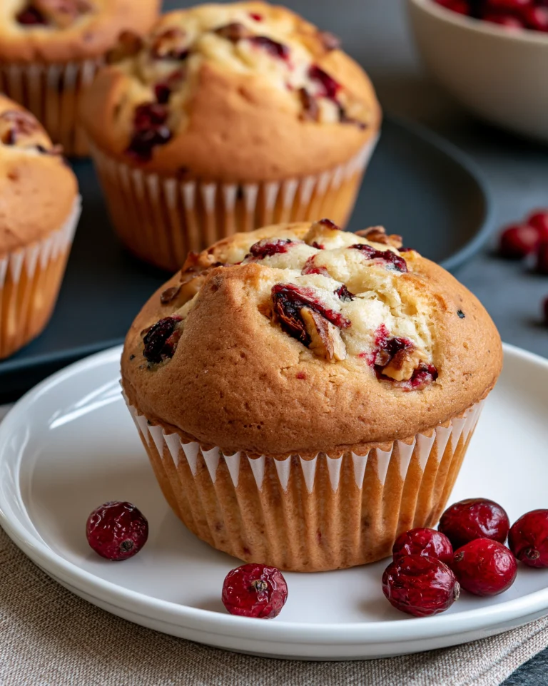 Easy muffins recipe — tall golden muffins with cranberries and walnuts in white paper liners