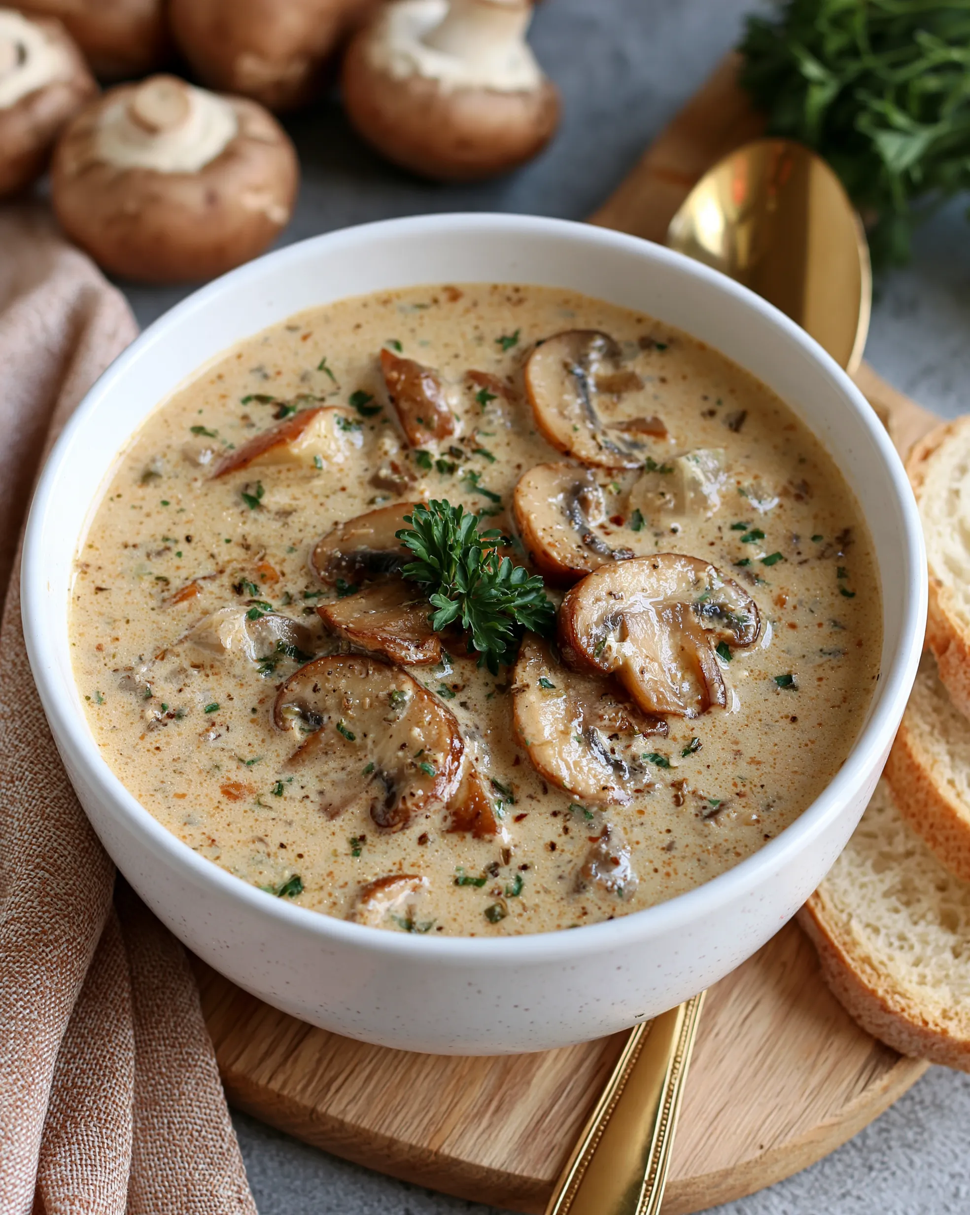 Easy mushroom soup recipe — creamy soup loaded with golden sliced cremini mushrooms and a fresh parsley garnish