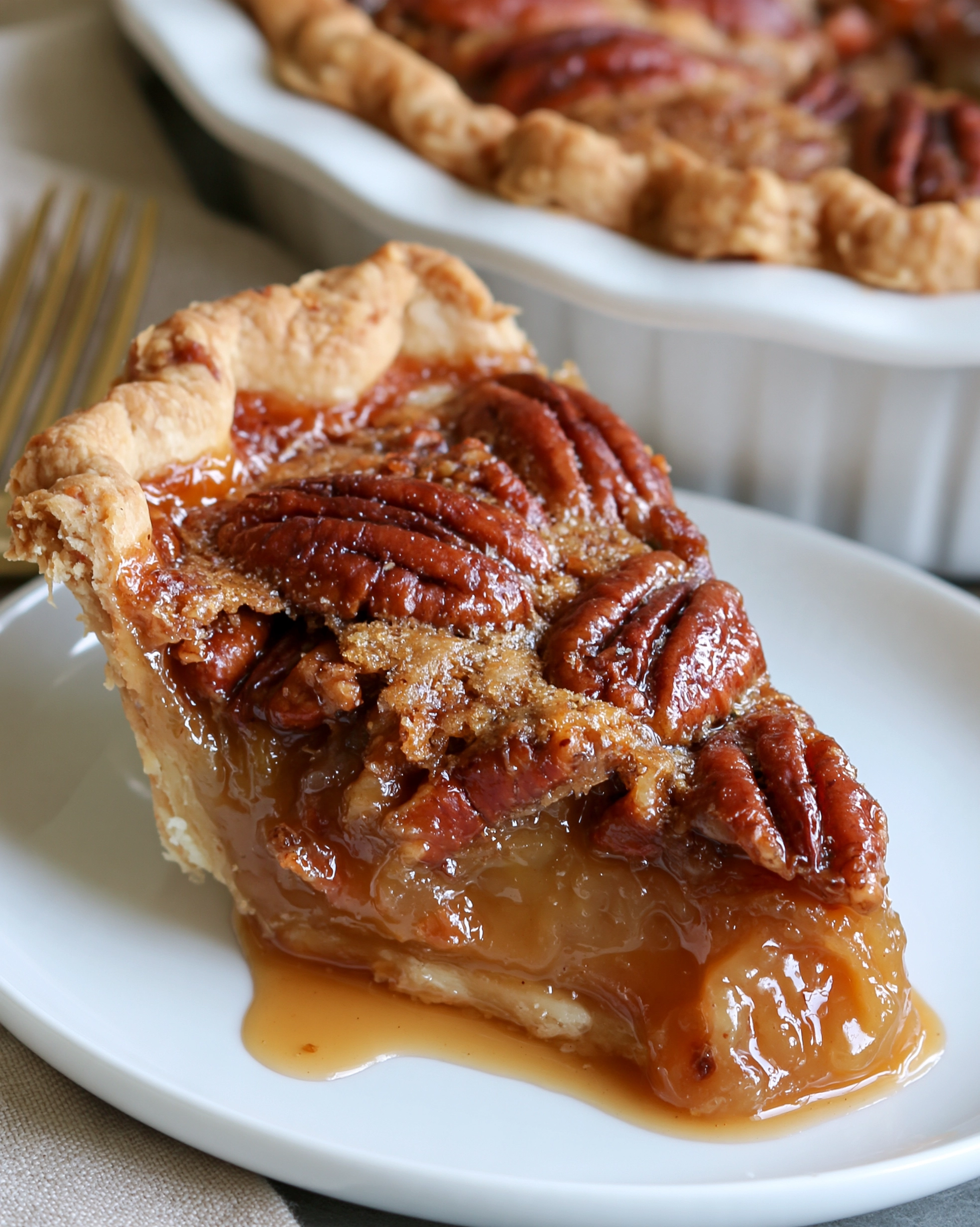 Easy pecan pie recipe slice with glossy whole pecan halves, gooey caramel filling and a flaky golden crust on a white plate