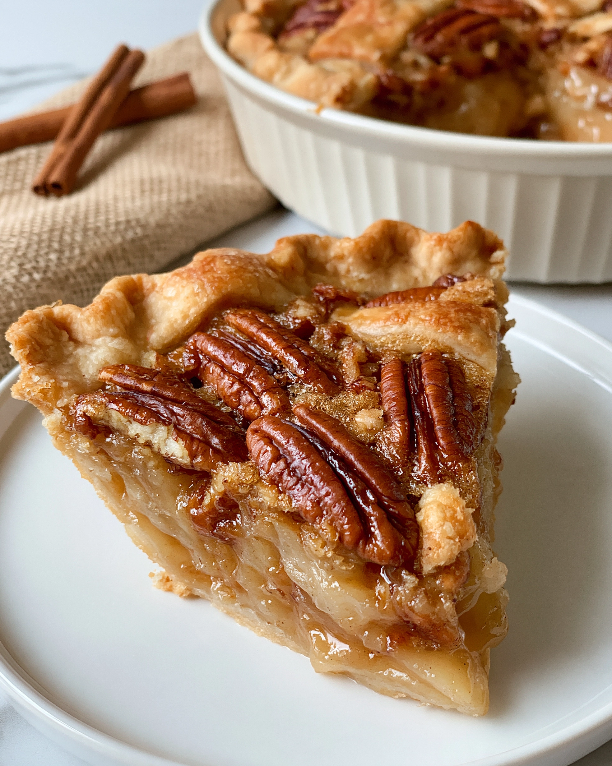 Easy pie crust recipe — slice of pecan pie with a golden, flaky homemade crust and a rustic hand-crimped edge