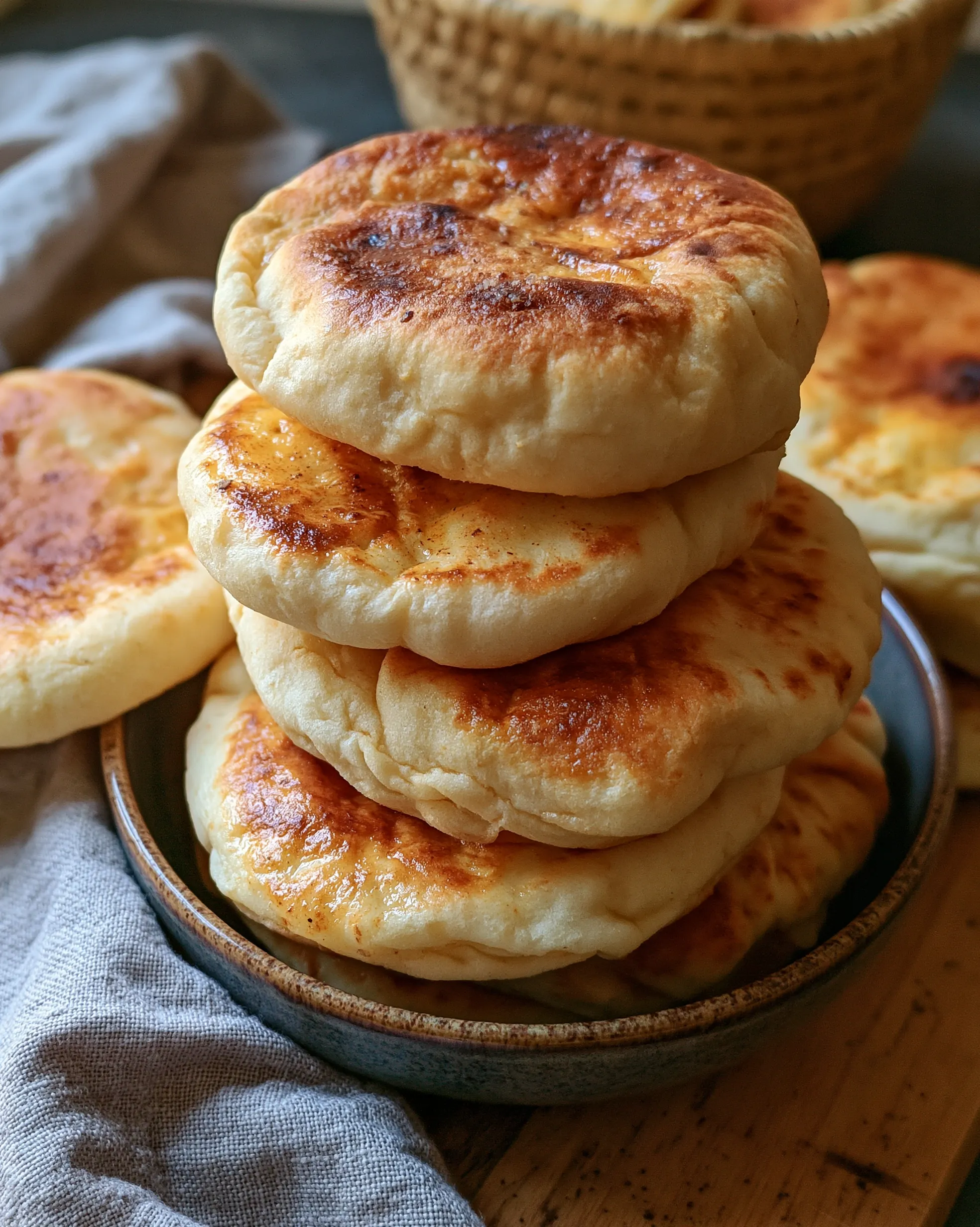 Easy pita bread recipe — stack of soft puffy pitas with golden toasted spots in a bowl