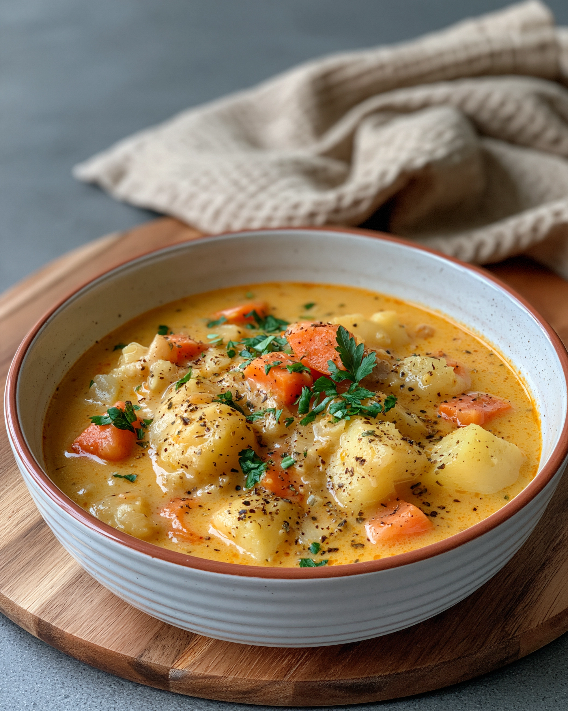 Easy potato soup recipe with tender potato chunks, carrots and fresh parsley in a creamy golden broth