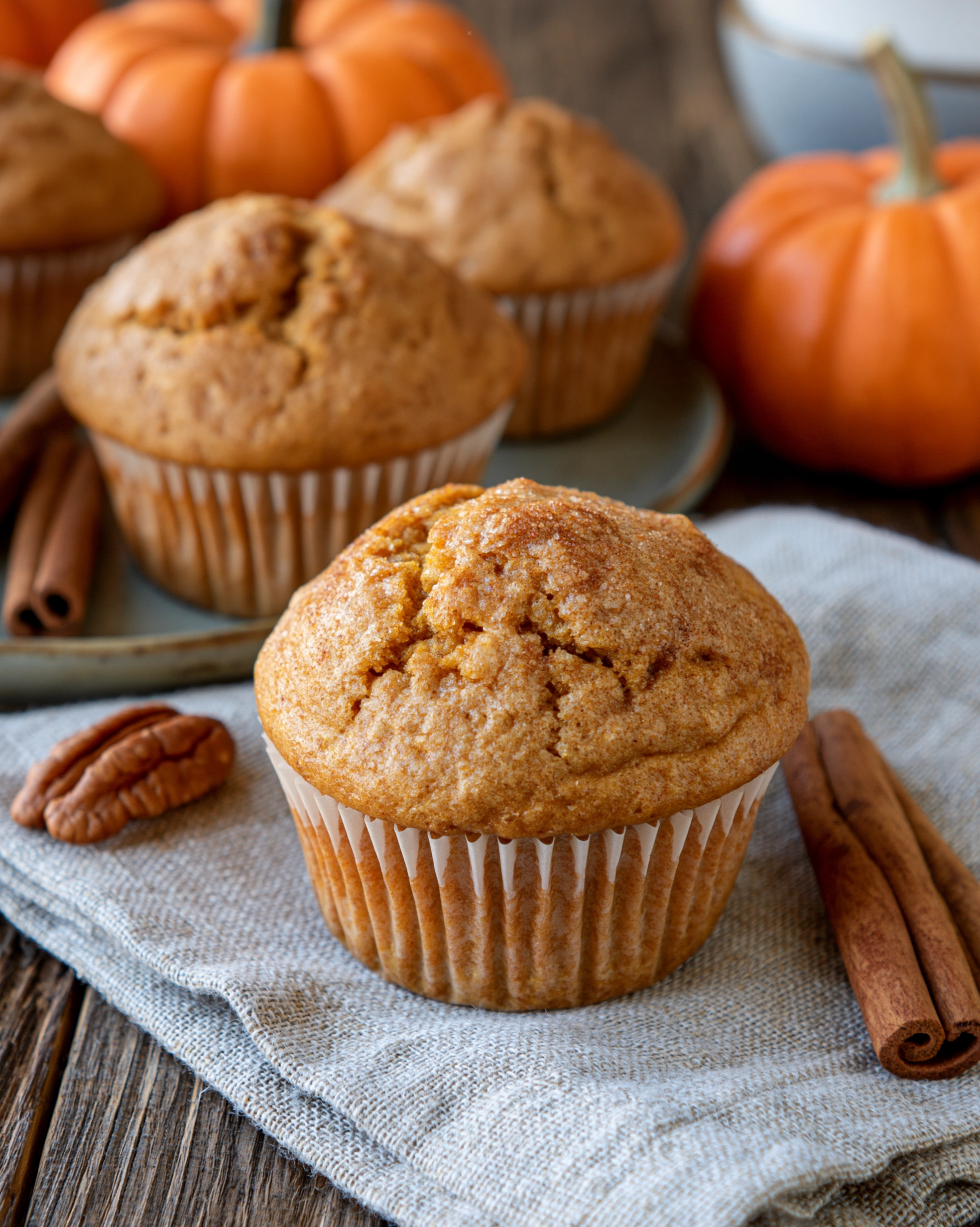 Easy pumpkin muffins recipe — tall golden domed pumpkin muffins in white paper liners with a cinnamon sugar top