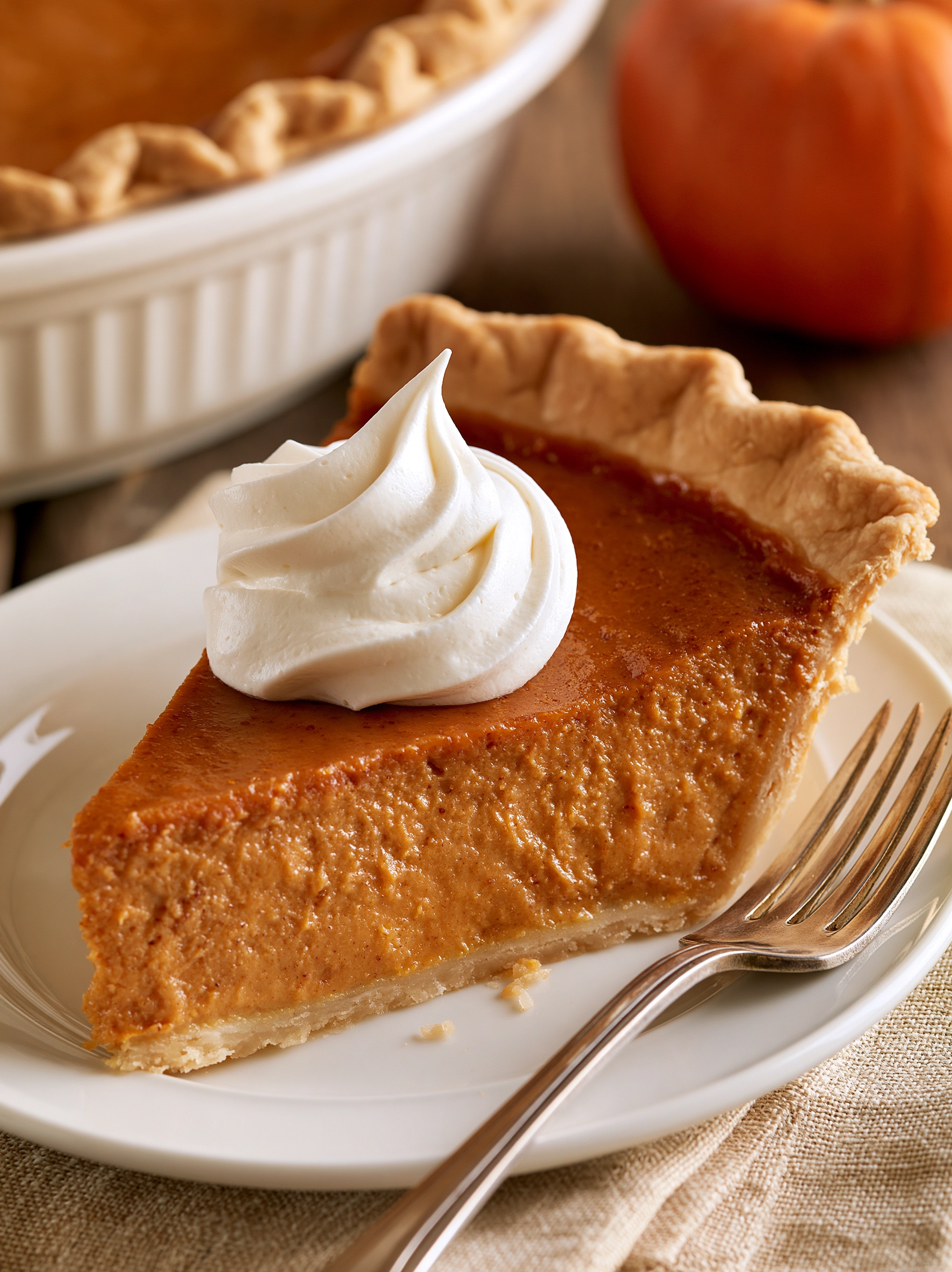 Easy pumpkin pie recipe — a smooth, silky slice with a golden fluted crust and a big swirl of whipped cream on top