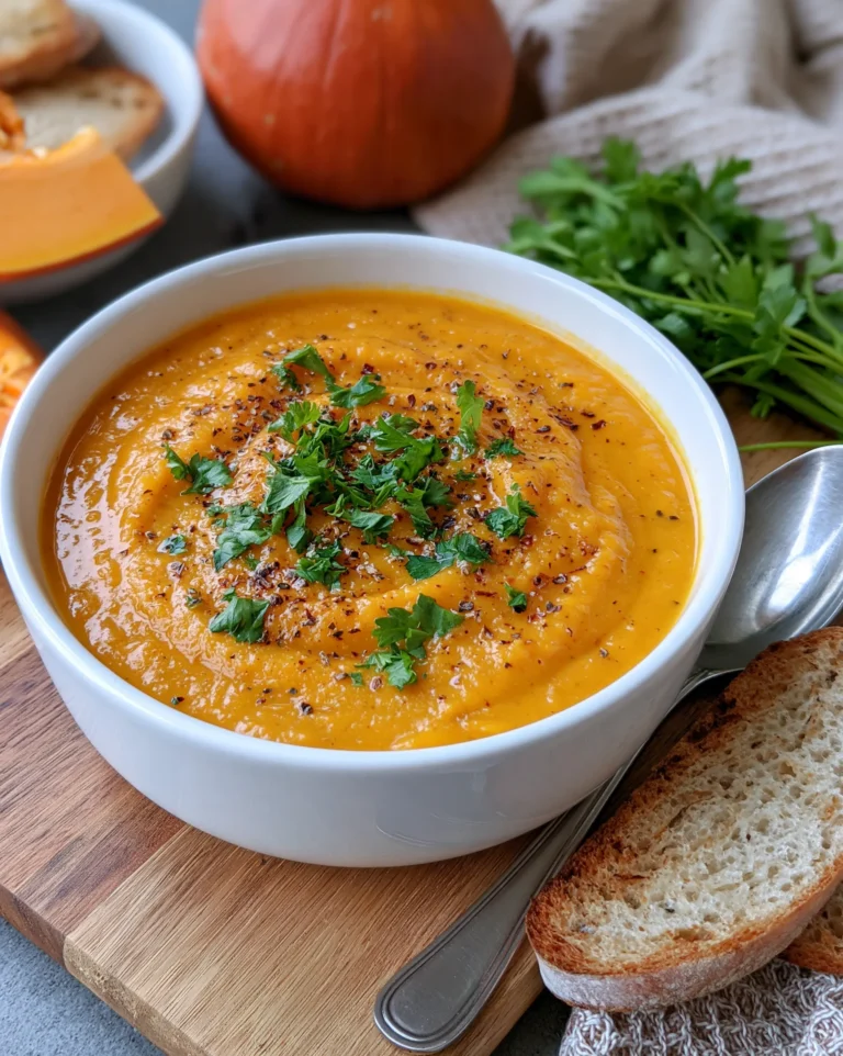 Easy pumpkin soup recipe — smooth, velvety orange soup topped with fresh parsley and cracked black pepper, served with crusty bread