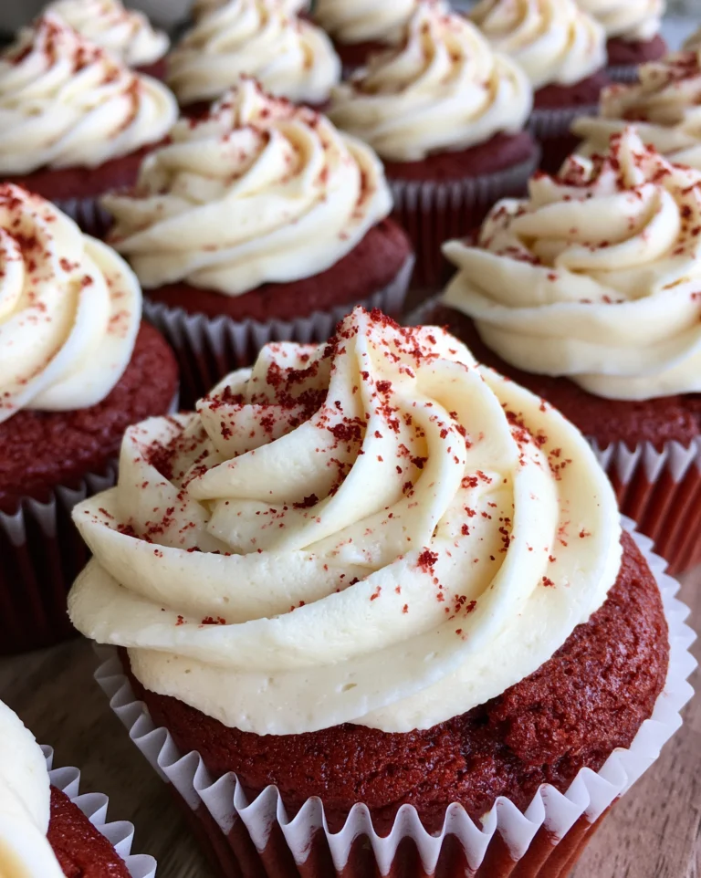 Easy red velvet cupcakes recipe with deep red cakes in white liners, tall cream cheese frosting swirls and red velvet crumbs sprinkled on top