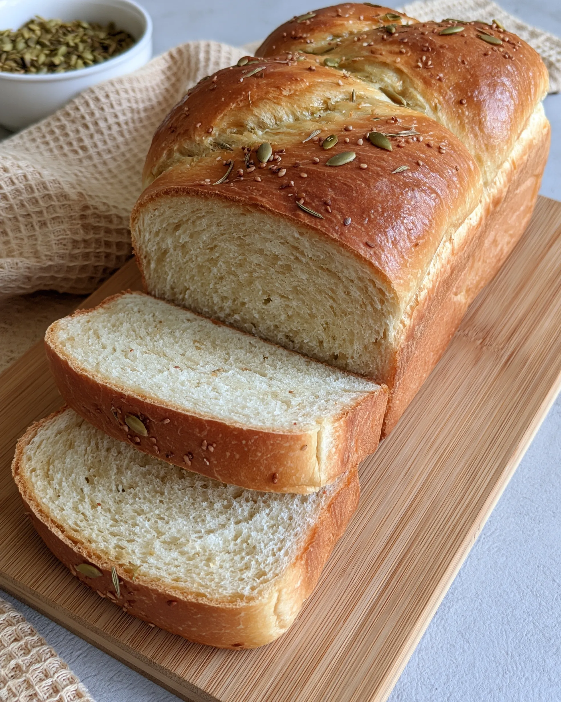 Easy sandwich bread recipe — tall soft white loaf with a glossy seed-topped crust, sliced on a wooden board