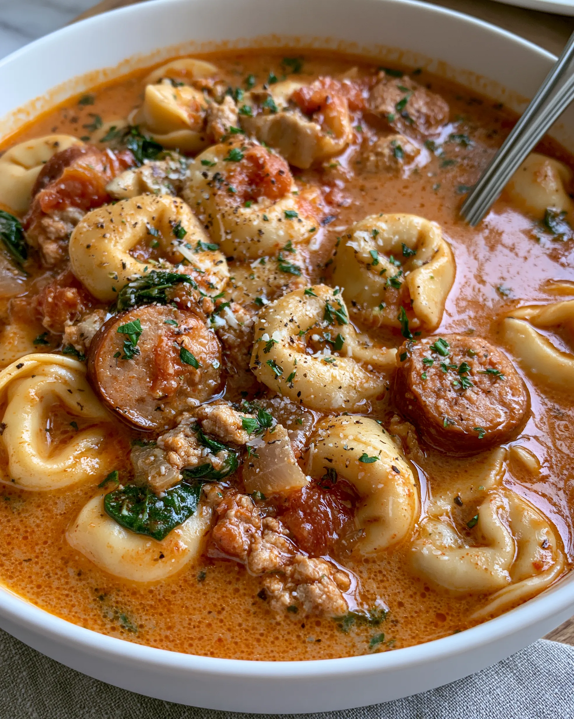Easy sausage tortellini soup recipe with cheese tortellini, sausage slices and crumbles, spinach and parmesan in a creamy tomato broth