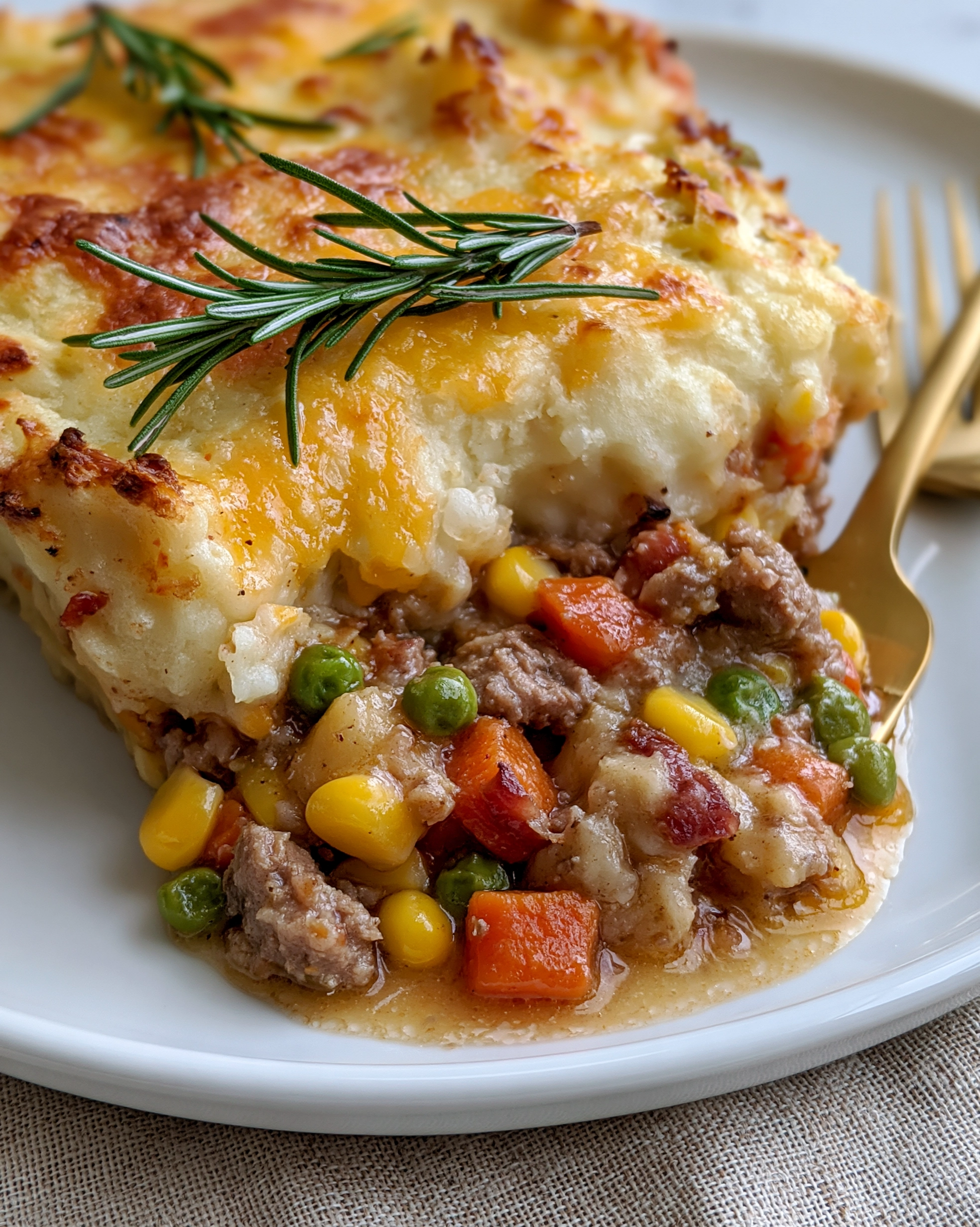 Easy shepherds pie recipe with cheesy golden mashed potato top, beef, peas, corn and carrots, garnished with rosemary