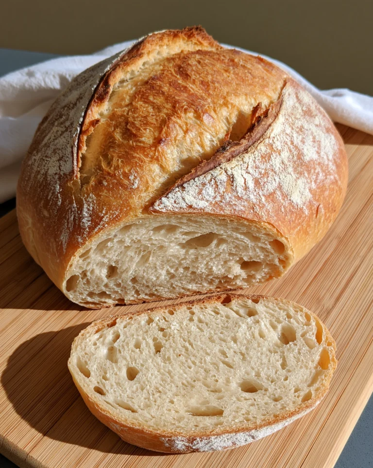 Easy sourdough bread round loaf with a crisp golden crust, light flour dusting and one deep score, sliced on a wooden board