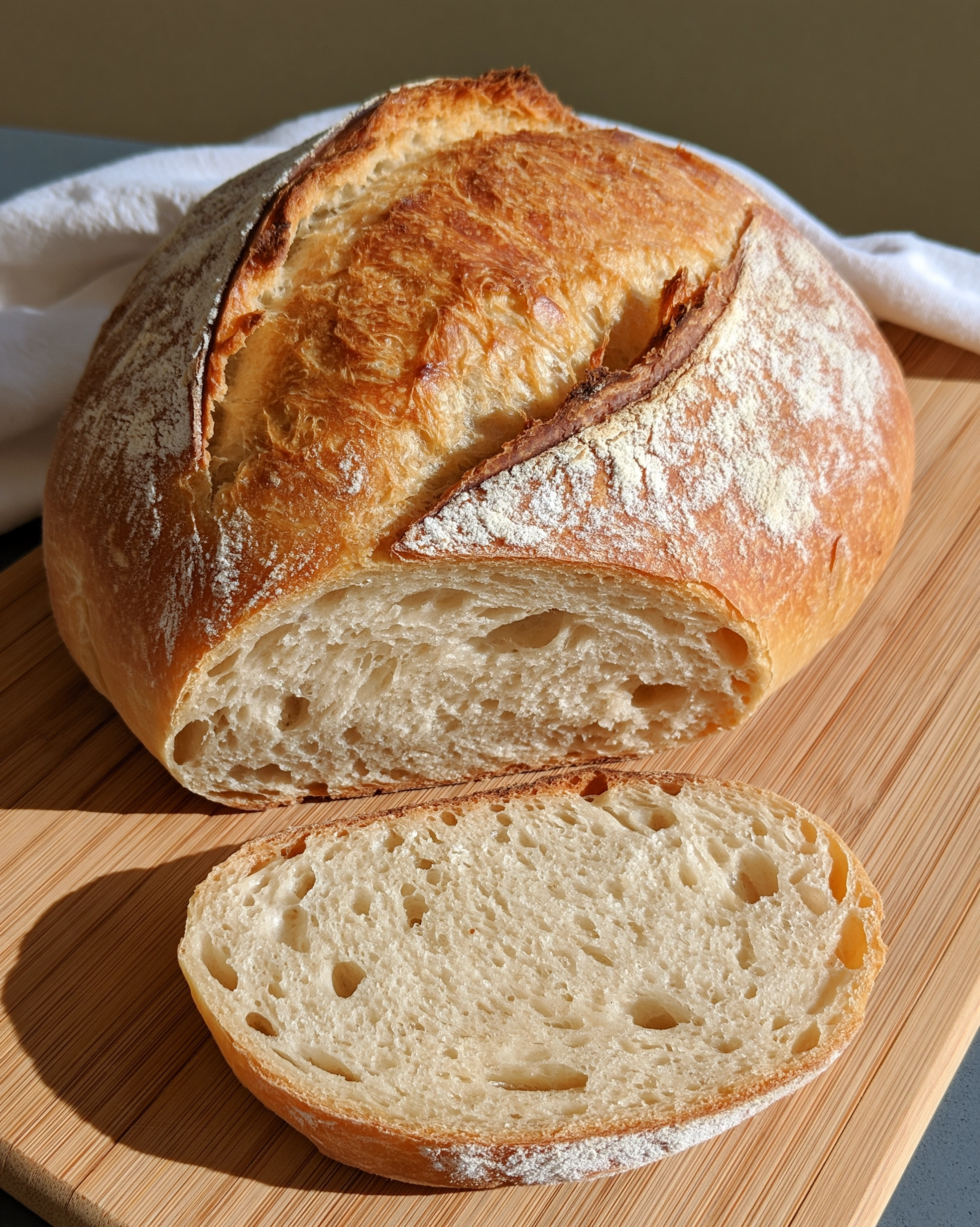 Easy sourdough bread round loaf with a crisp golden crust, light flour dusting and one deep score, sliced on a wooden board