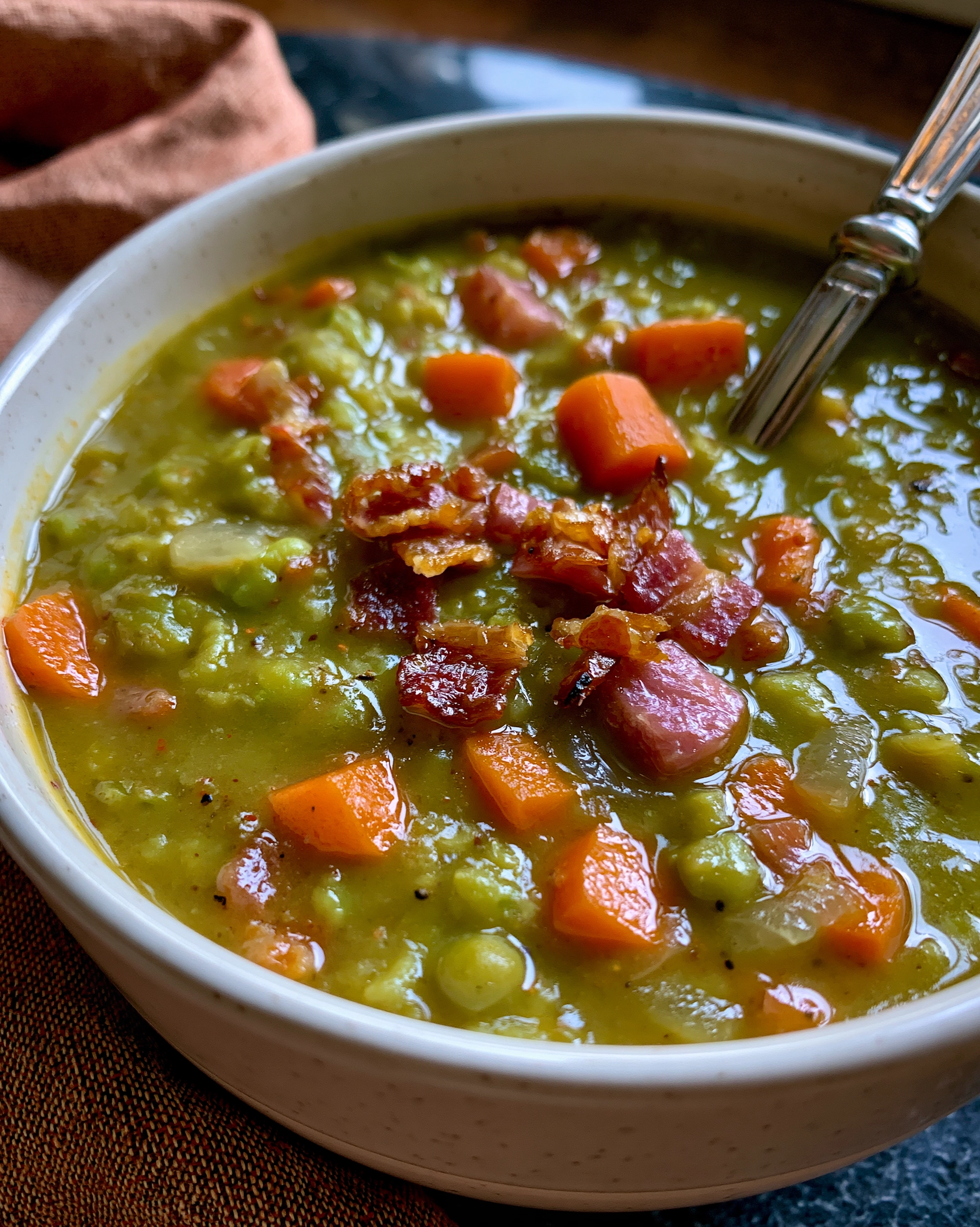 Easy split pea soup recipe — thick green soup with chunky carrots and diced ham in a white bowl, topped with crispy bacon crumbles