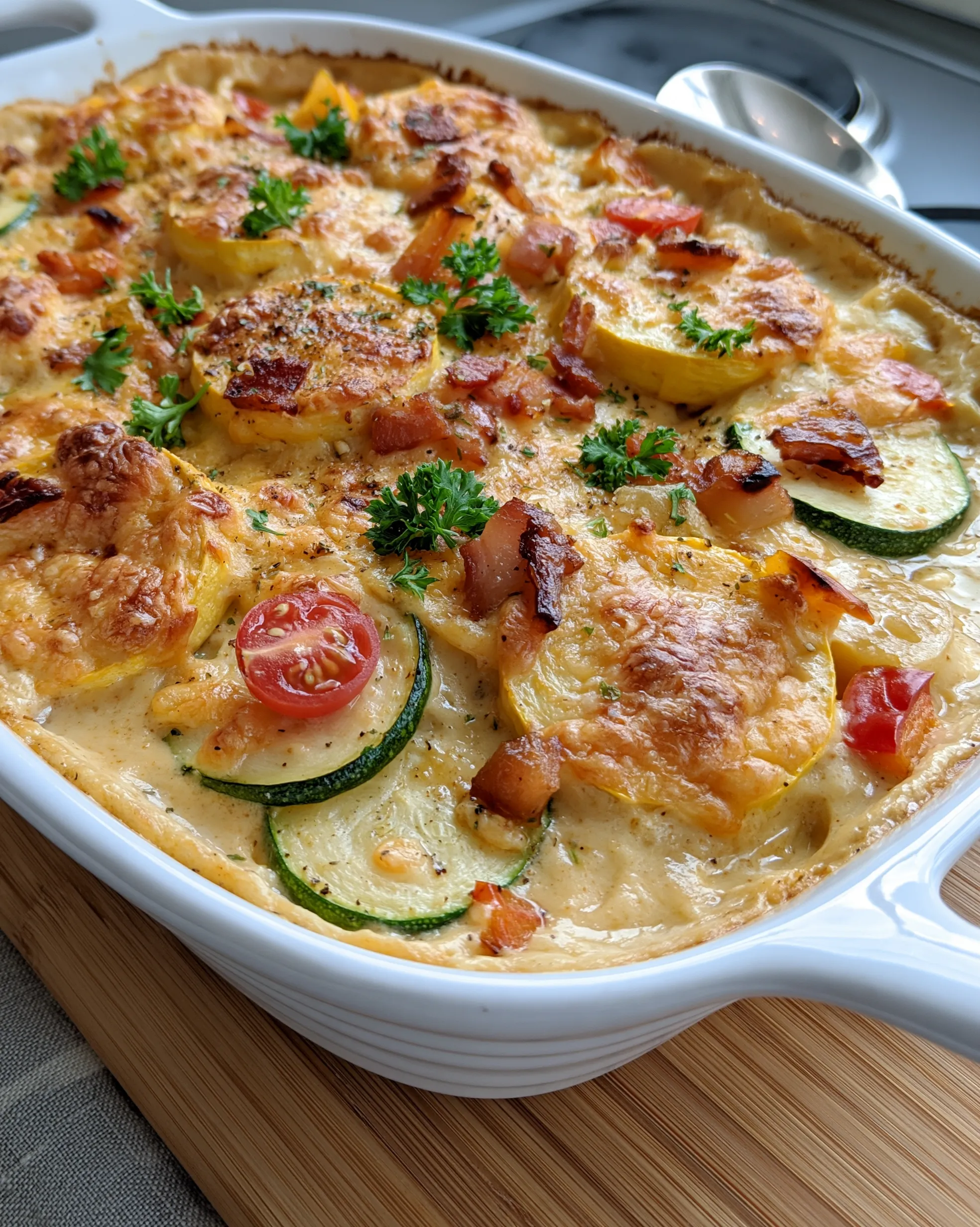 Easy squash casserole recipe with yellow squash and zucchini rounds in a creamy cheese sauce, topped with bacon, cherry tomatoes and parsley