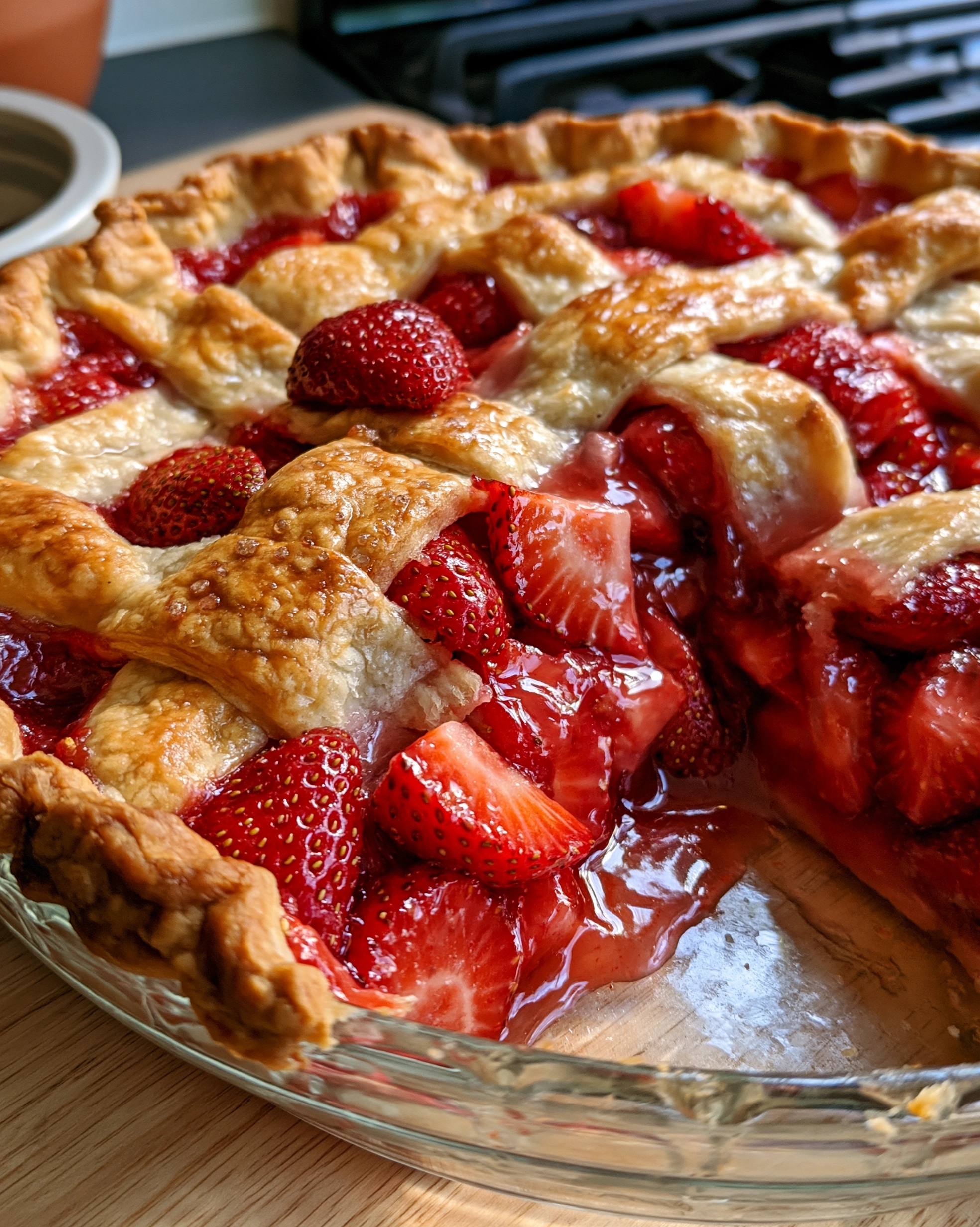 Easy strawberry pie recipe with a golden lattice crust and glossy chunky fresh strawberry filling in a glass pie dish, one slice cut