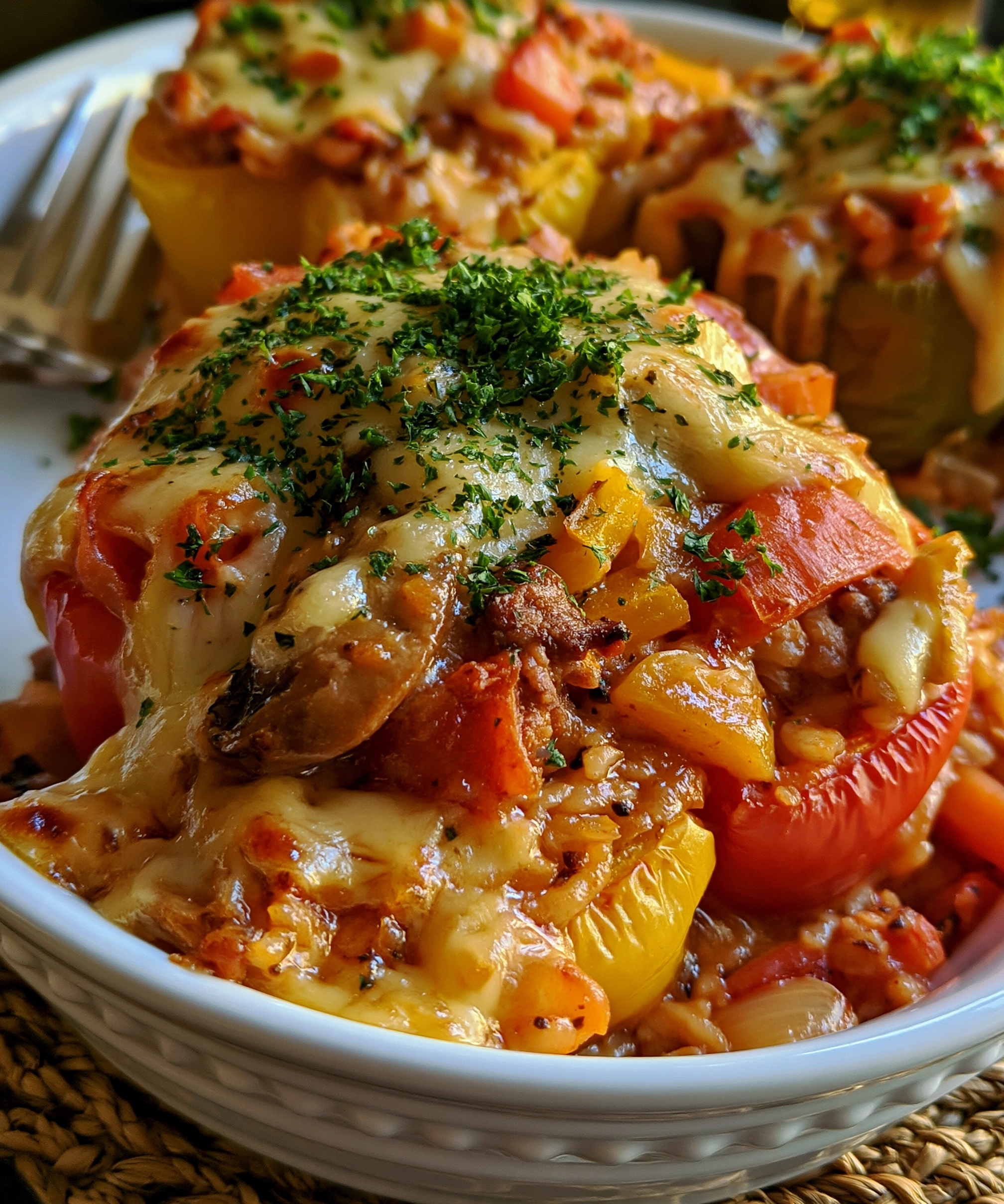 Easy stuffed pepper casserole recipe with chunky red, yellow and green bell peppers, ground beef and rice in a rich tomato sauce, topped with melted mozzarella and fresh parsley in a white bowl