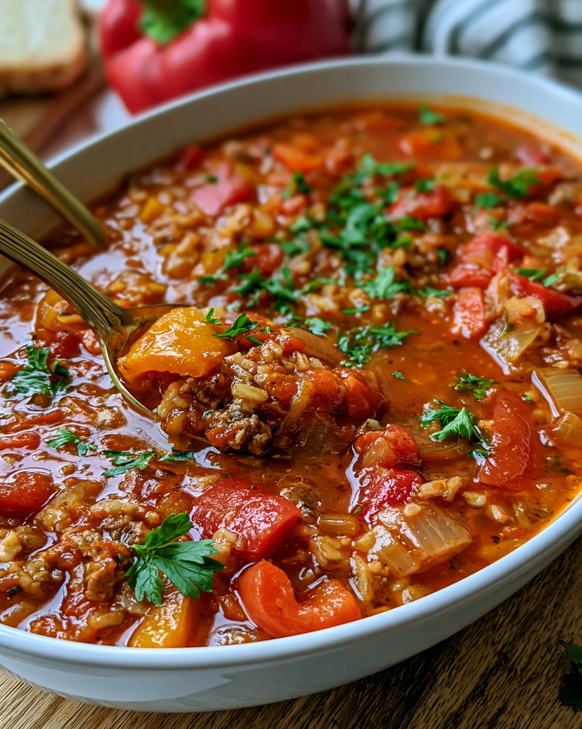 Easy stuffed pepper soup recipe with ground beef, red and orange bell pepper chunks, rice and tomatoes in a rich broth, topped with parsley