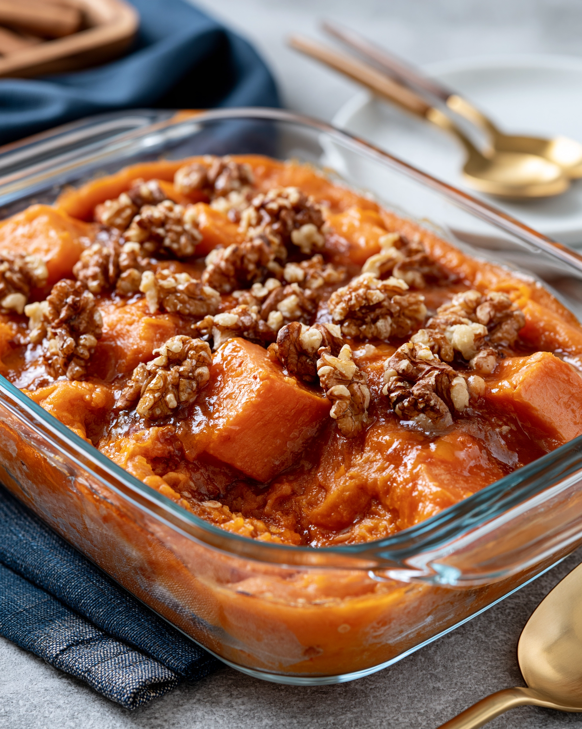 Easy sweet potato casserole in a glass baking dish with crunchy pecan streusel topping
