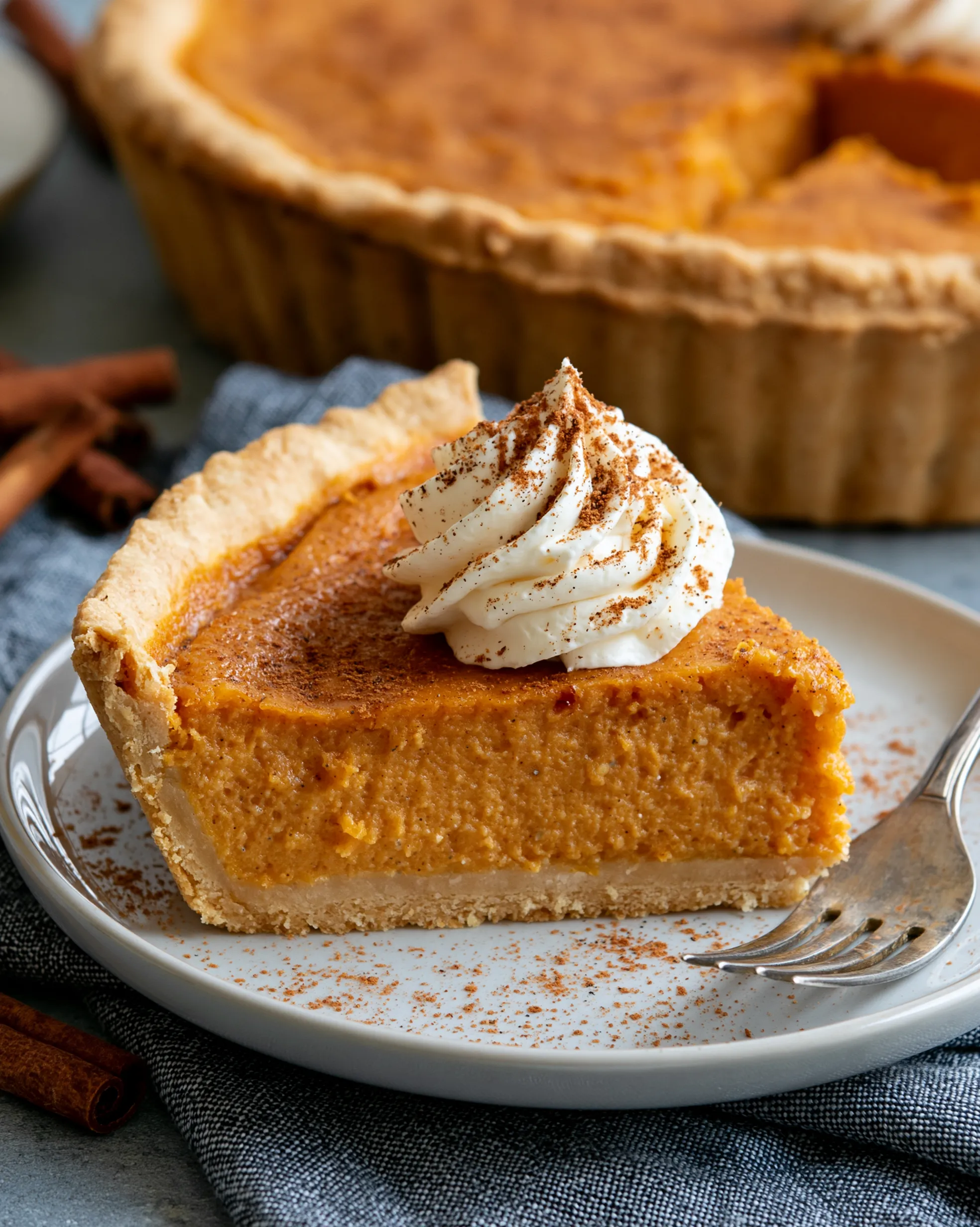 Easy sweet potato pie recipe slice with smooth spiced orange filling, flaky crimped crust and cinnamon-dusted whipped cream
