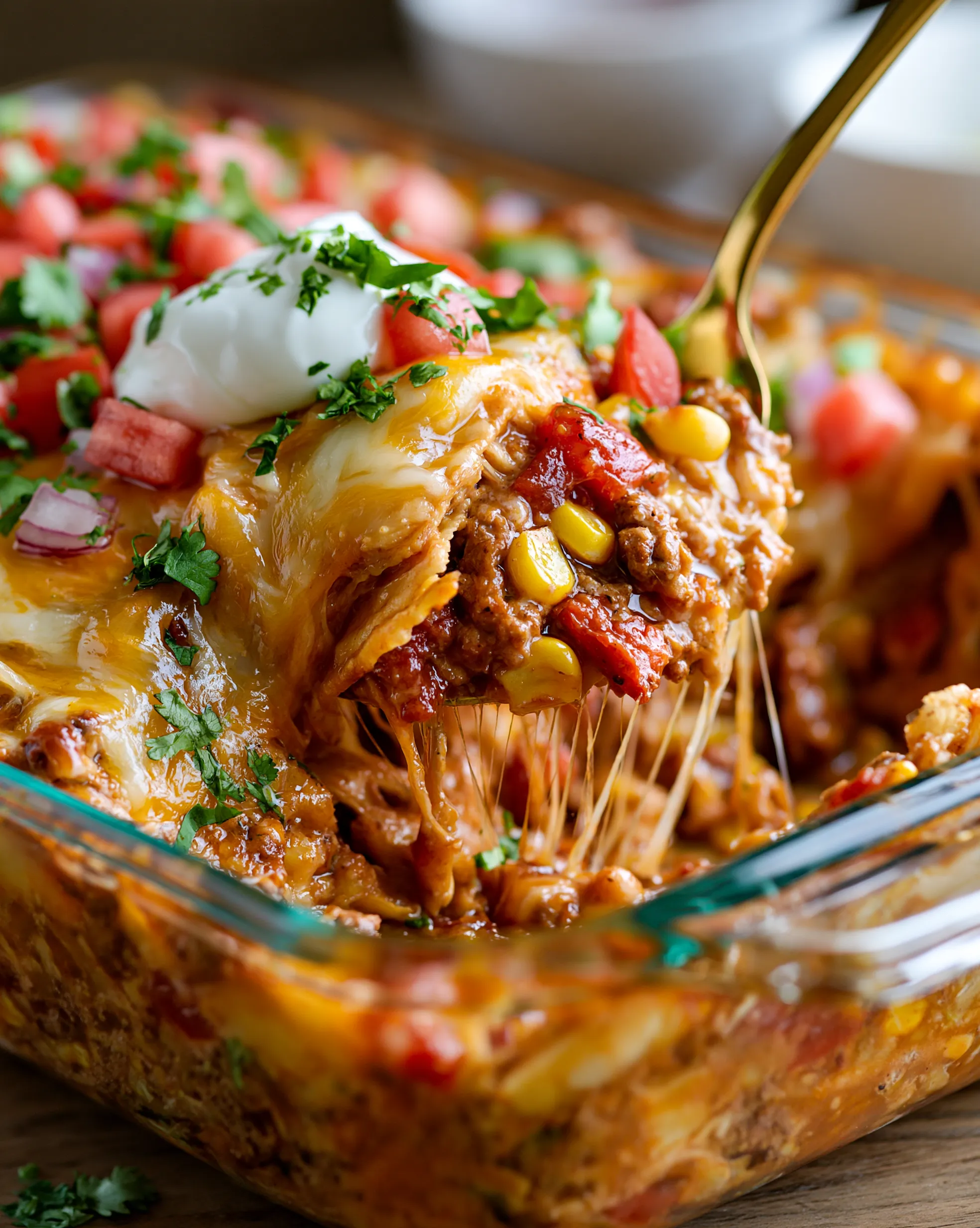 Easy taco casserole recipe with layers of tortillas, seasoned beef, corn and melted cheese, topped with sour cream, fresh tomatoes and cilantro