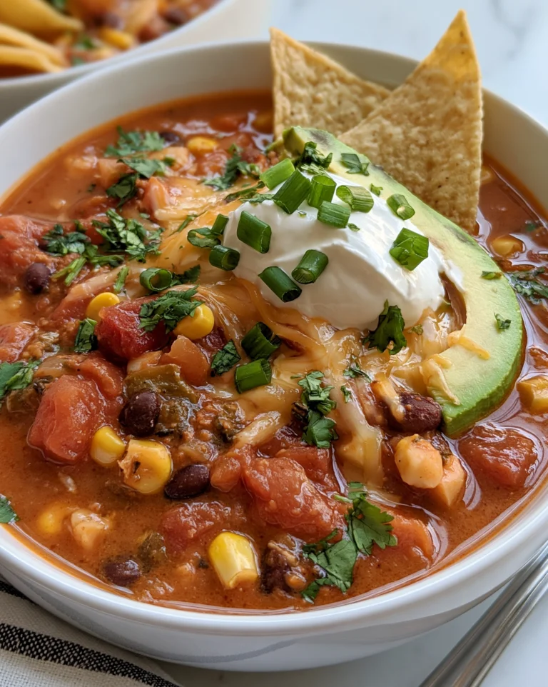 Easy taco soup in a white bowl topped with melted cheese, a dollop of sour cream, avocado slices, green onions, cilantro and tortilla chips