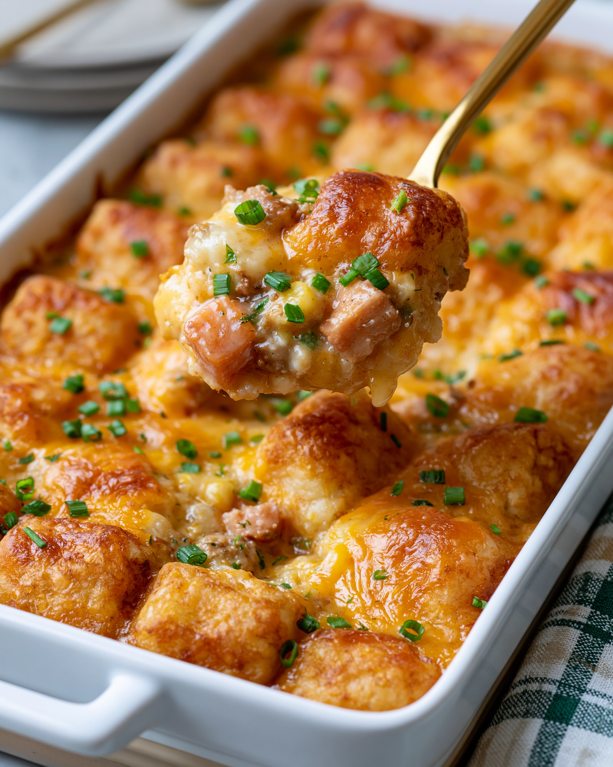 Easy tater tot casserole with crispy golden tots, melted cheddar and chopped green onions in a white baking dish