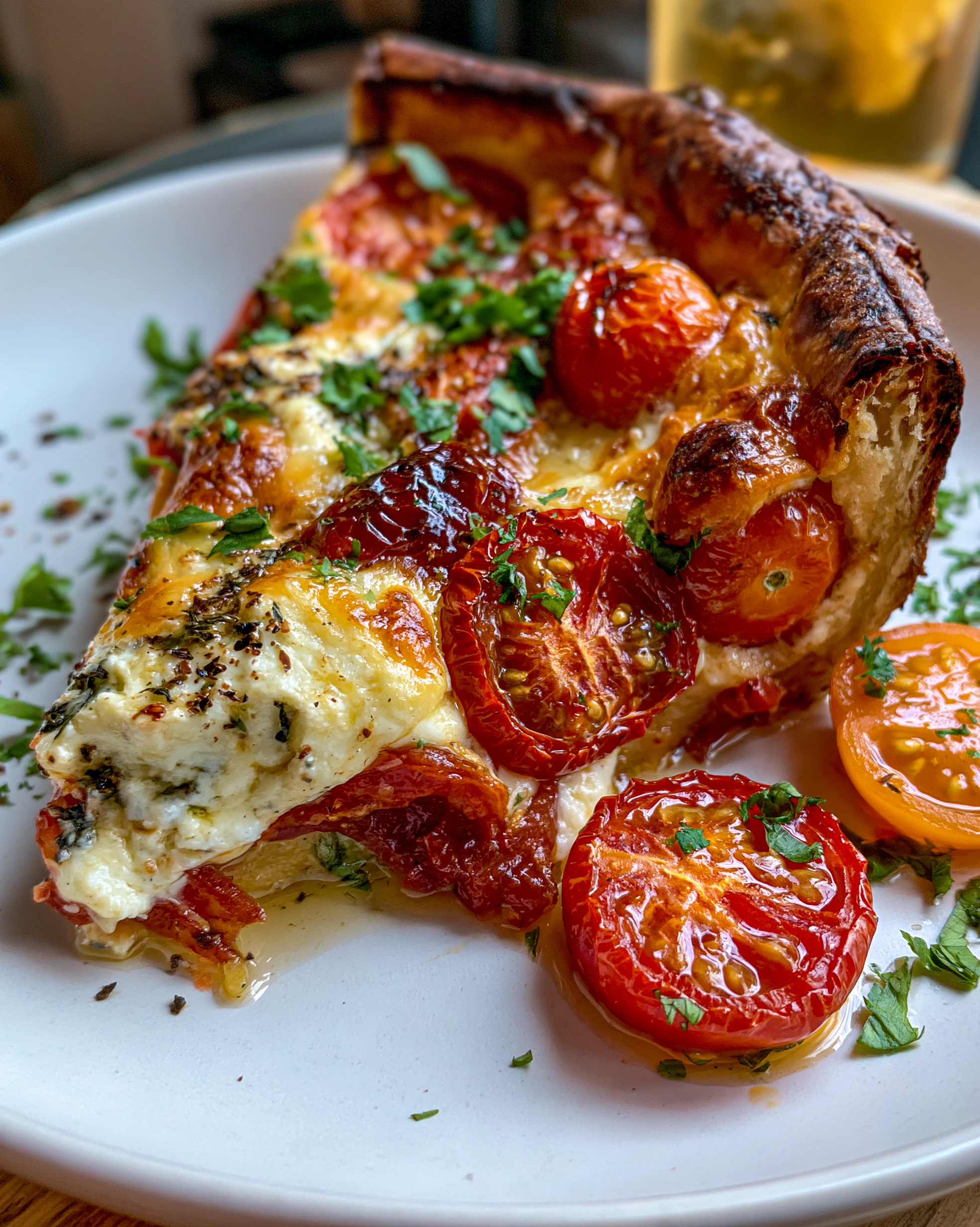 Easy tomato pie recipe — a slice of savory Southern tomato pie with layers of ripe red tomatoes, a creamy cheesy topping flecked with herbs, roasted cherry tomatoes on top and fresh parsley, in a deep golden flaky crust