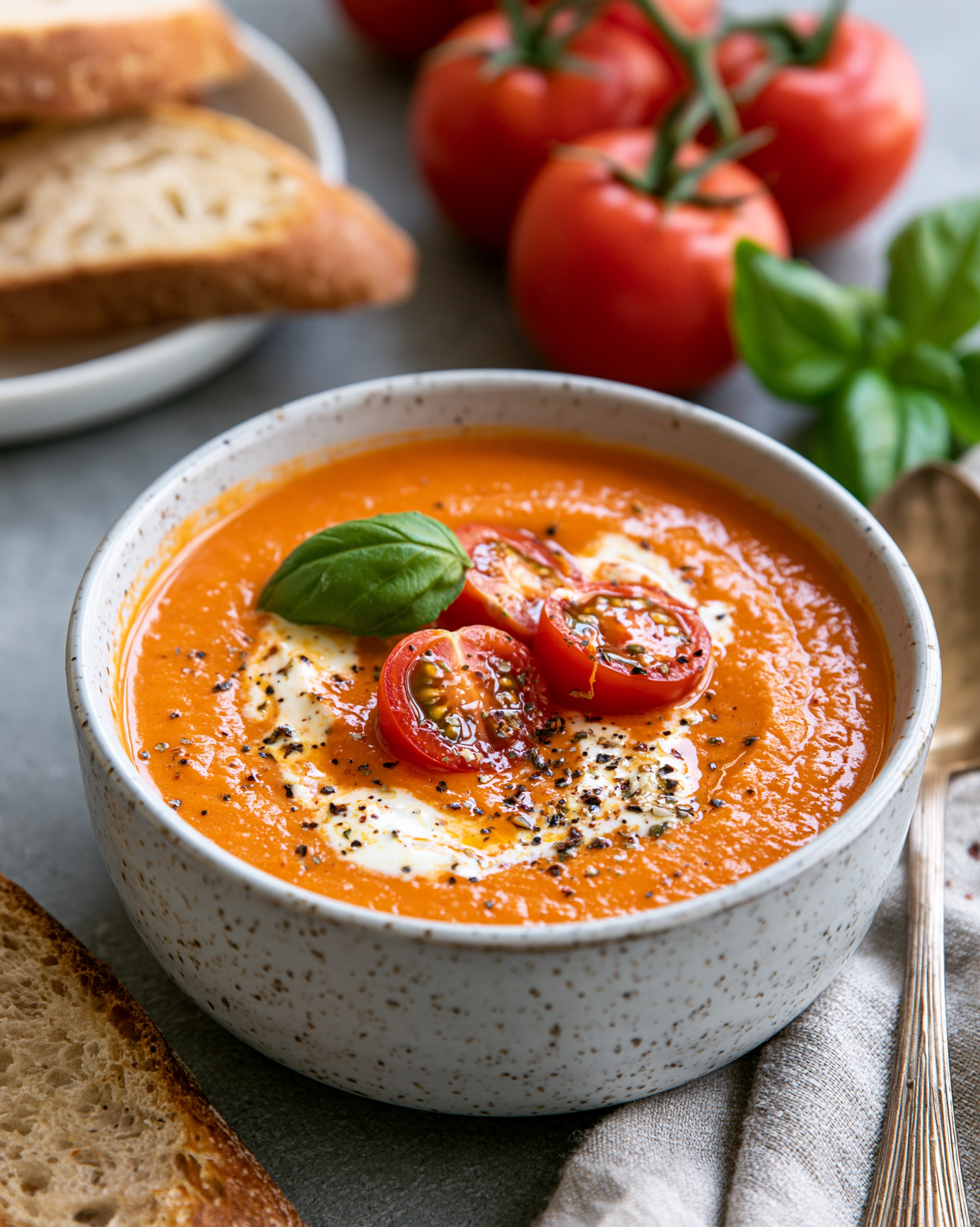 Easy tomato soup recipe — smooth creamy tomato soup with a cream swirl, cherry tomatoes and a basil leaf on top