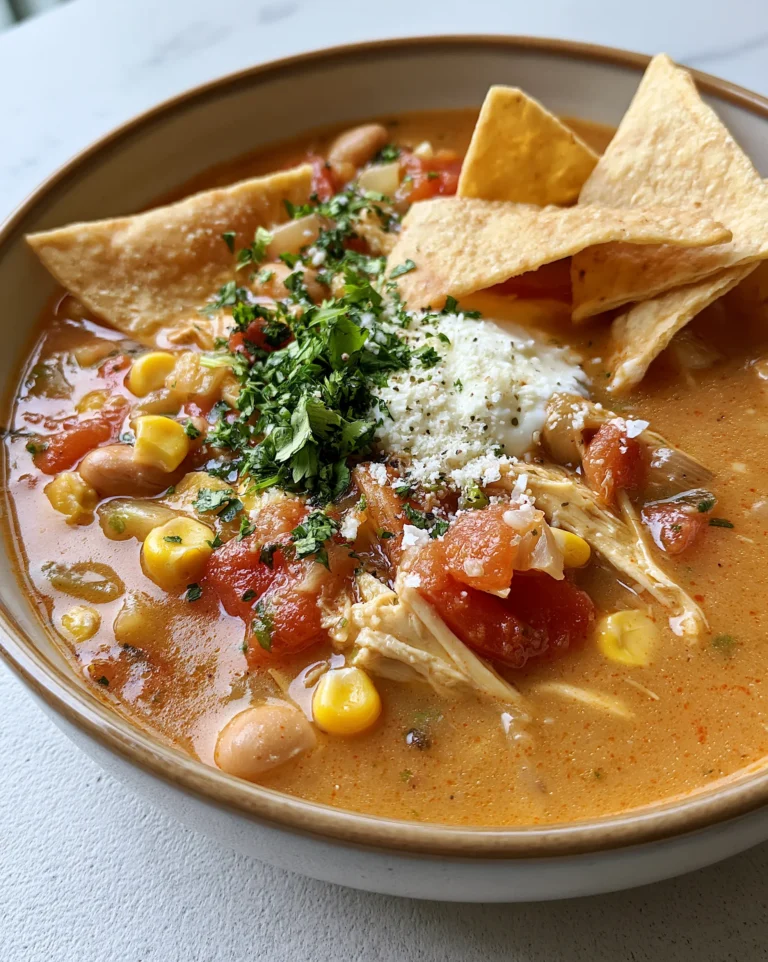 Easy tortilla soup recipe with shredded chicken, white beans, corn and tomatoes in a creamy broth, topped with tortilla chips, sour cream, cotija cheese and fresh cilantro