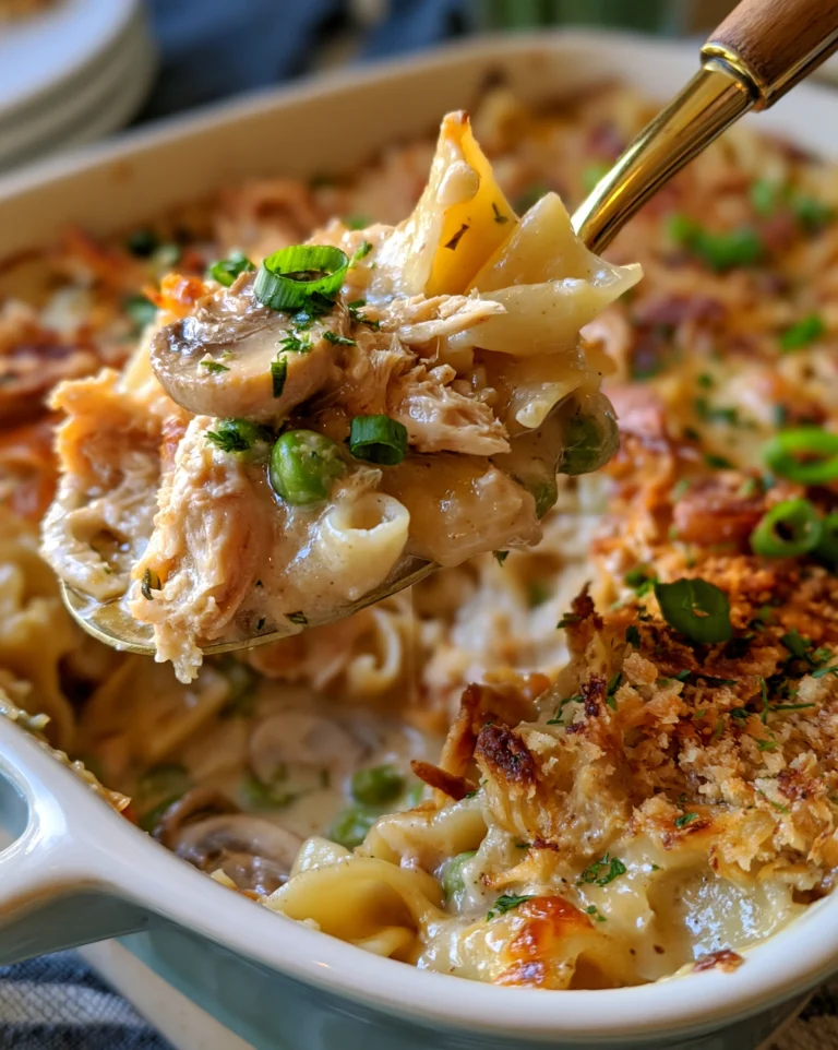 Easy tuna casserole recipe with wide egg noodles, flaky tuna, mushrooms and peas in a creamy sauce, a crispy golden crumb topping and sliced green onions