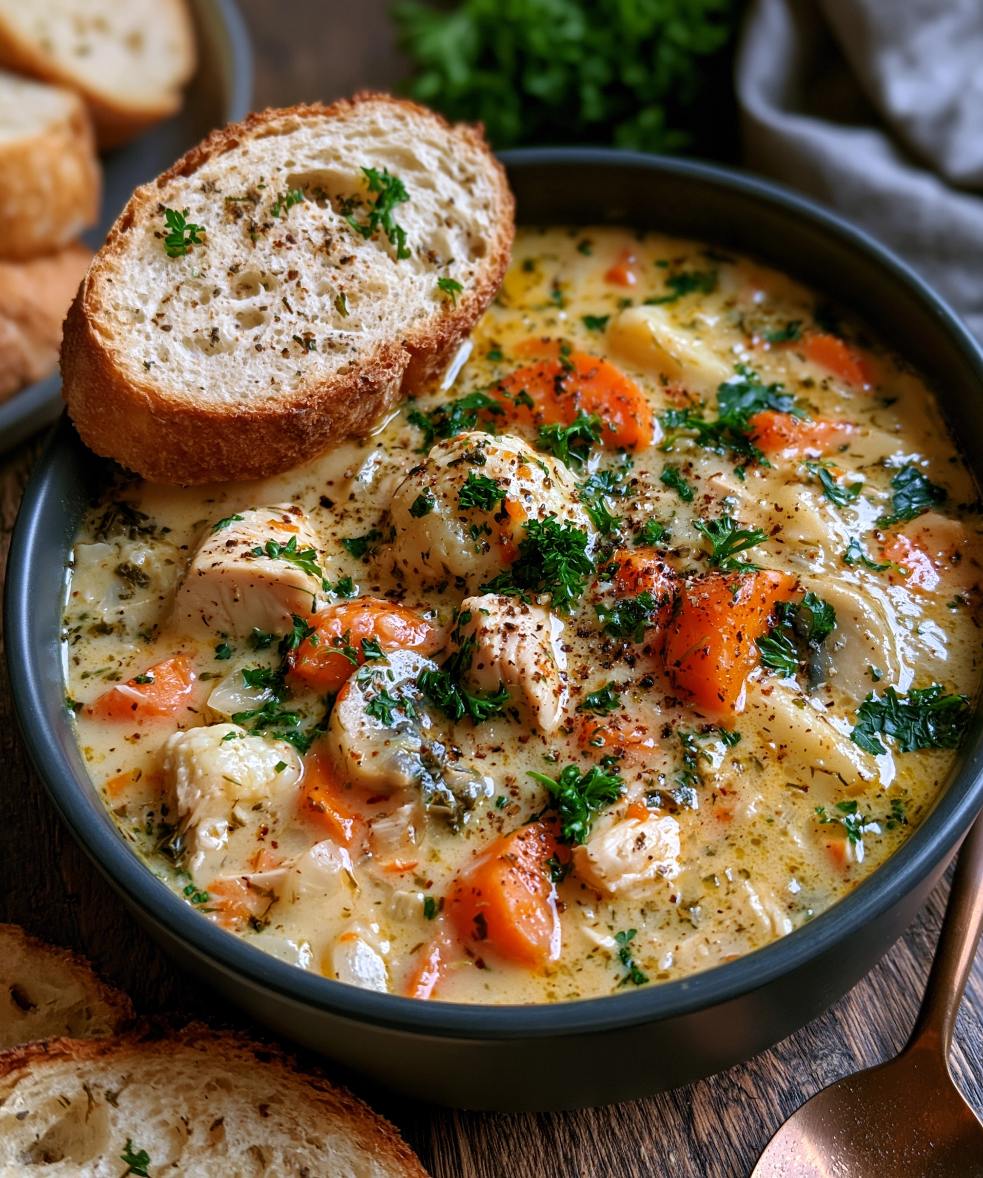 Easy turkey soup recipe with big chunks of turkey, carrots and celery in a creamy herb broth, topped with fresh parsley and cracked black pepper, with a slice of crusty bread on the side