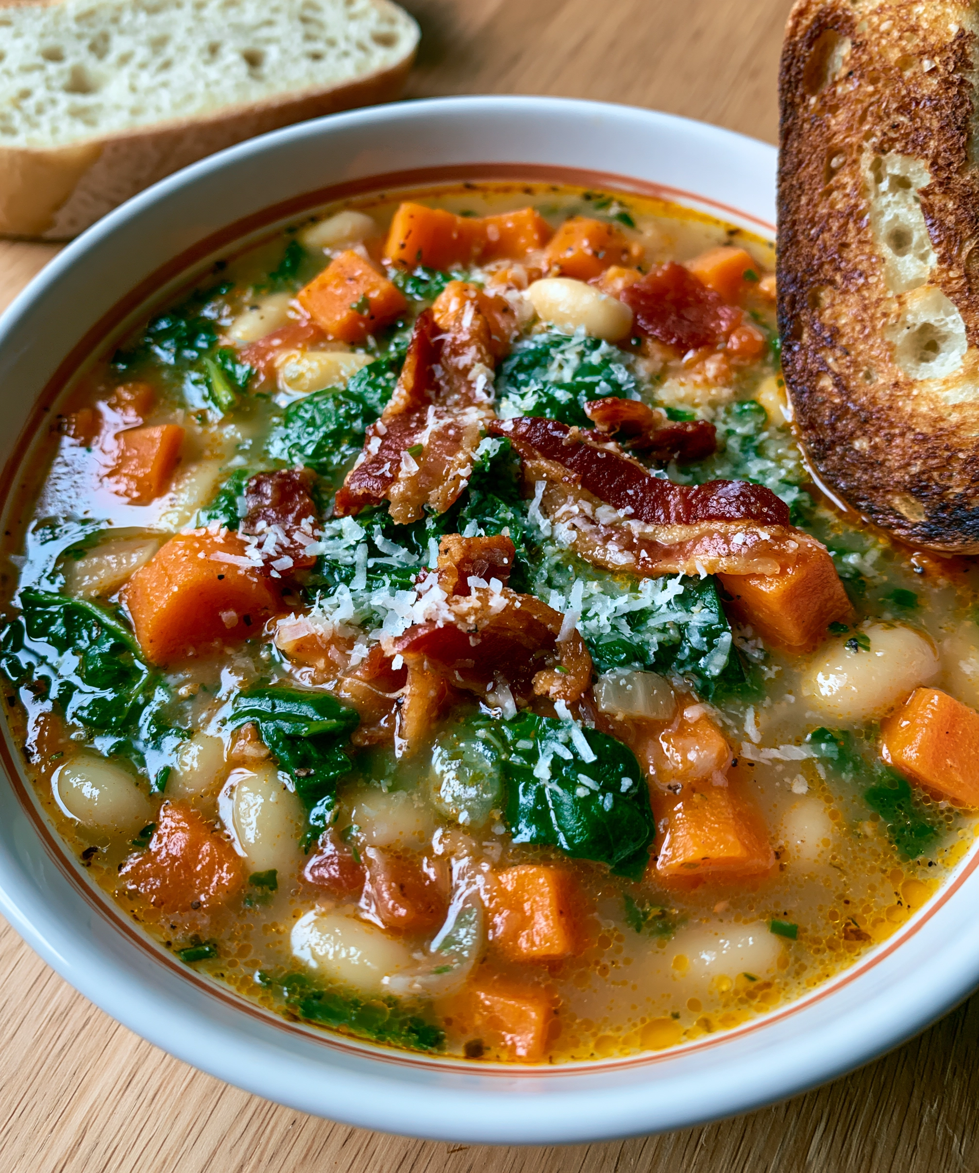 Easy tuscan soup recipe with white beans, sweet potato cubes and spinach in a golden broth, topped with crispy bacon and grated Parmesan, crusty bread on the side