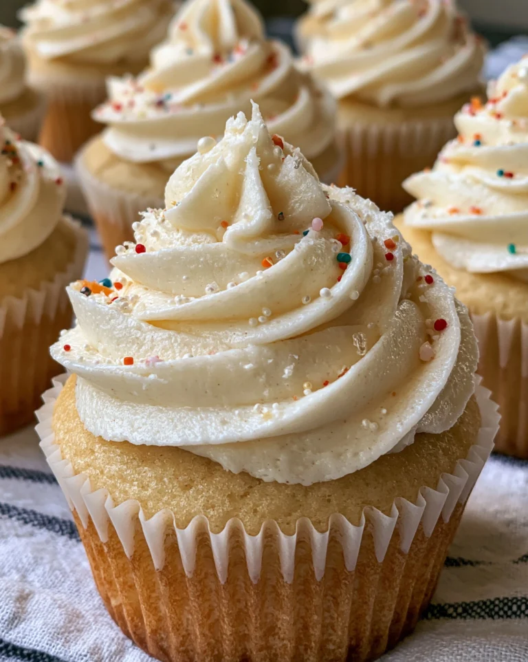 Easy vanilla cupcakes recipe with light golden cupcakes in white liners, tall swirls of white vanilla buttercream, rainbow sprinkles and tiny white sugar pearls