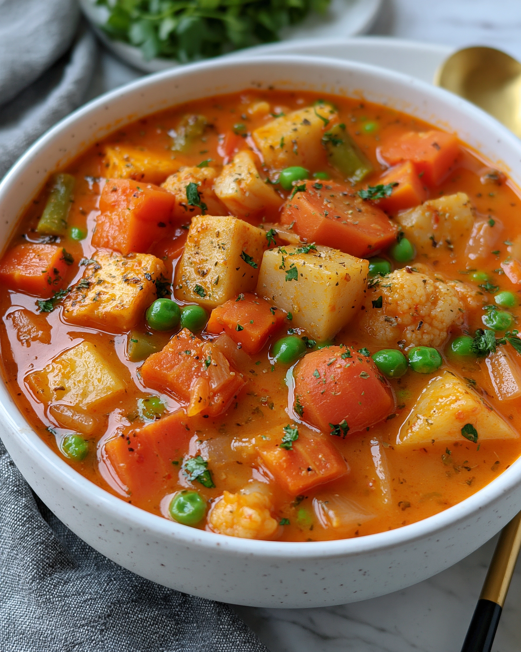 Easy vegetable soup recipe with chunky potatoes, carrots, peas and cauliflower in a rich tomato broth