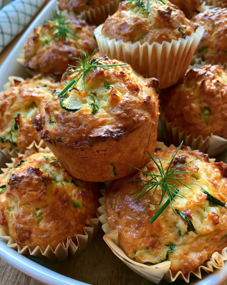 Easy zucchini muffins recipe — savory golden cheese-topped muffins with zucchini pieces and fresh dill