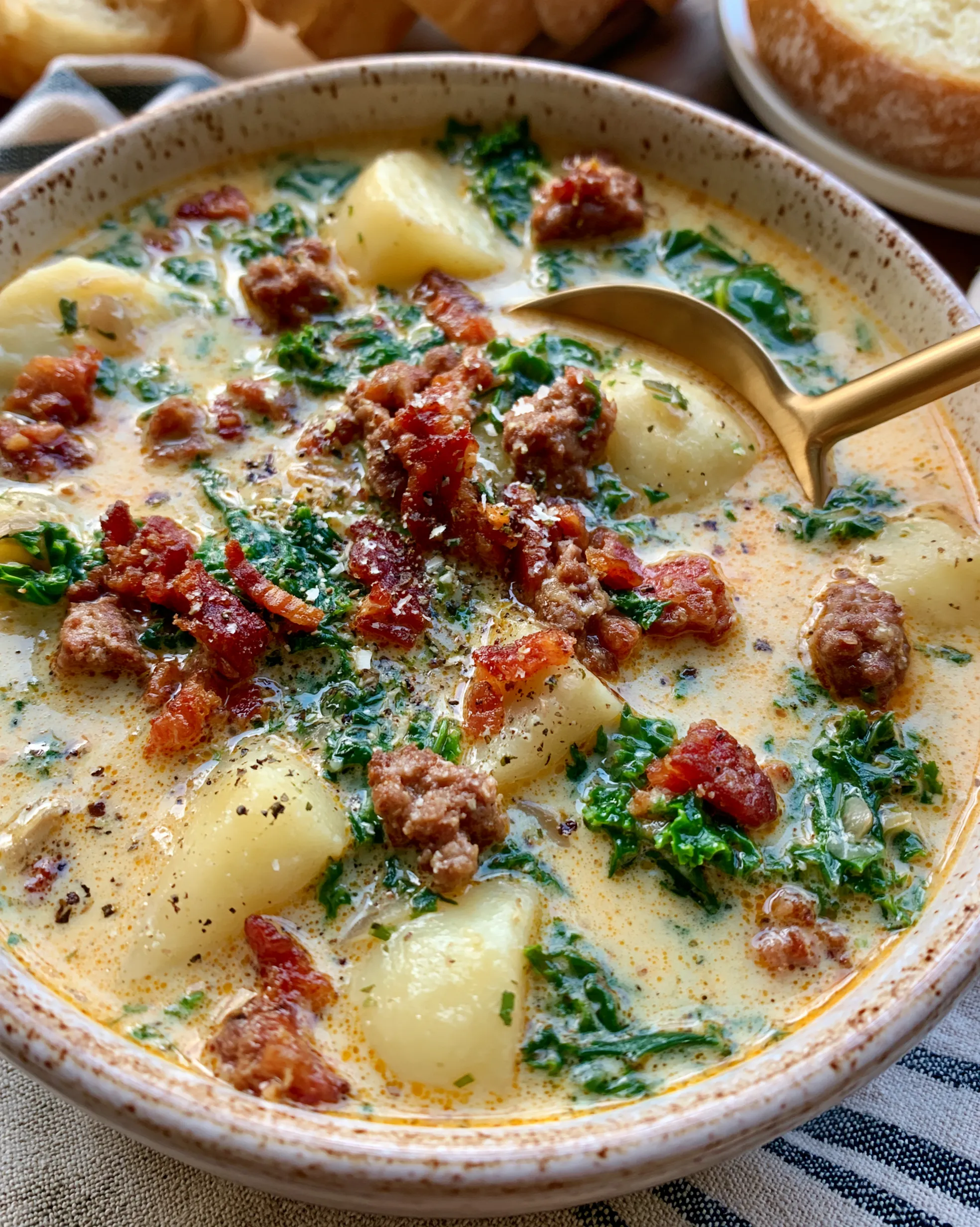 Easy Olive Garden zuppa toscana soup recipe with Italian sausage, crispy bacon, tender potato chunks and kale in a creamy broth